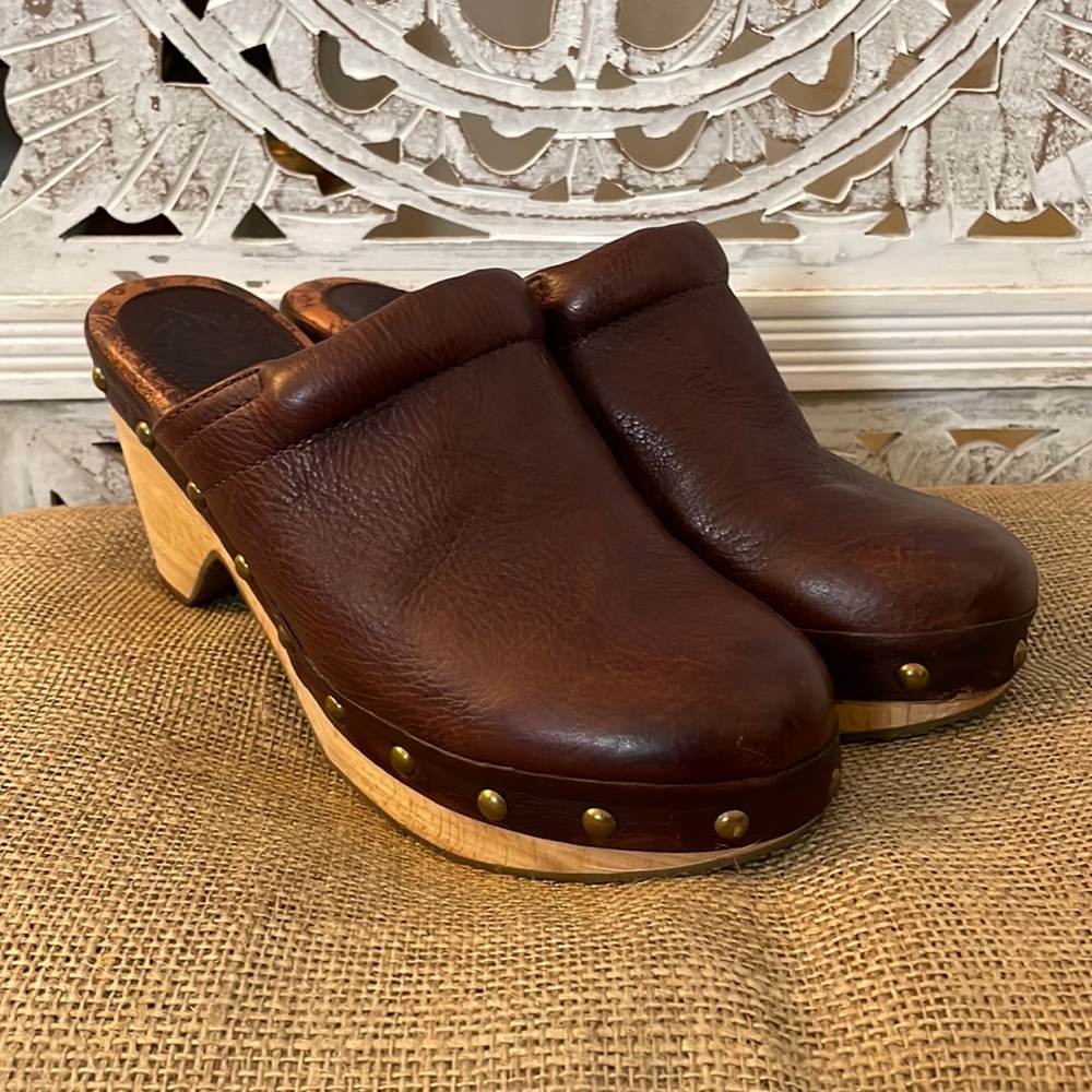 Lucky brand Maddox platform clog mule brown leather wooden sole size 7.5